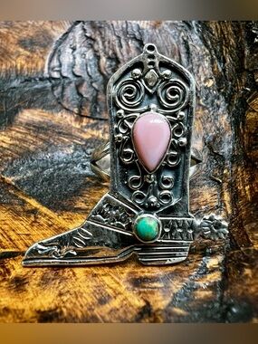 Sterling Silver Pink Conch Cowboy Boot Ring Size 7.5 Kingman Turquoise
